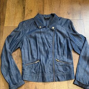 bebe Dark Blue Denim Moto Jacket with Gold Hardware